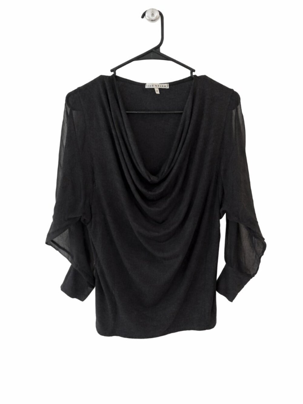 Red Haute Draped Cowl Neck Top M Sheer Sleeve Charcoal Gray Blouse - Picture 3 of 6